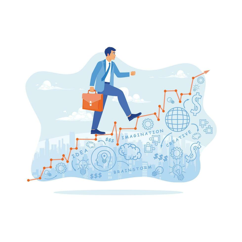 A businessman carrying a briefcase walking on a graph building a new business idea. Business icons are drawn under the stairs. Career Development Concept. trend modern vector flat illustration