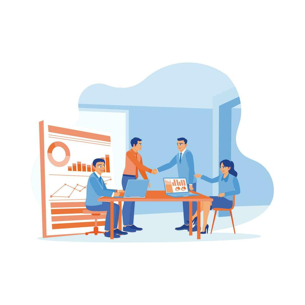 Male boss leading a meeting with another work team in the meeting room. Boss shaking hands and congratulating a coworker for good performance. New employees concept. vector