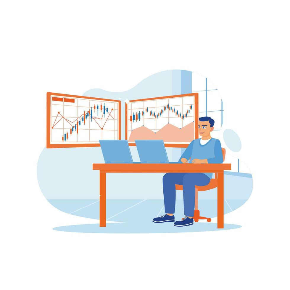 Young, successful trader working in front of the laptop computer in the office. Viewing company marketing growth candlestick charts. Stock Trading concept. trend modern vector flat illustration