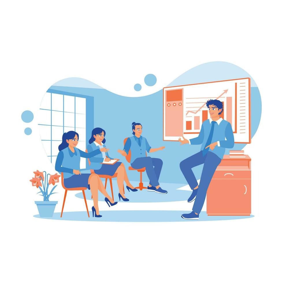 oficina trabajador sentado en un silla escuchando a el explicación de el masculino jefe. explicando un nuevo trabajo proyecto a un reunión en el oficina habitación. sesiones informativas concepto. tendencia moderno vector plano ilustración