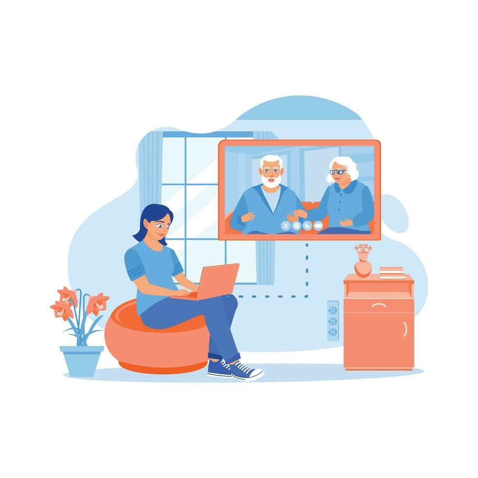 Young woman sitting on the sofa inside the house. Making online calls with his mother and father using a laptop. Virtual Relationships concept. trend modern vector flat illustration