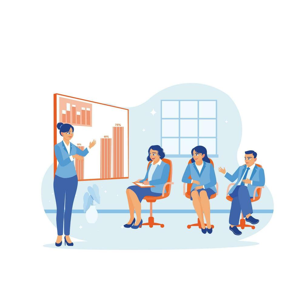 The female manager leads a meeting with other colleagues inside the office. Analyze graphs on the projector screen and discuss with each other during meetings. Business analysis concept. vector