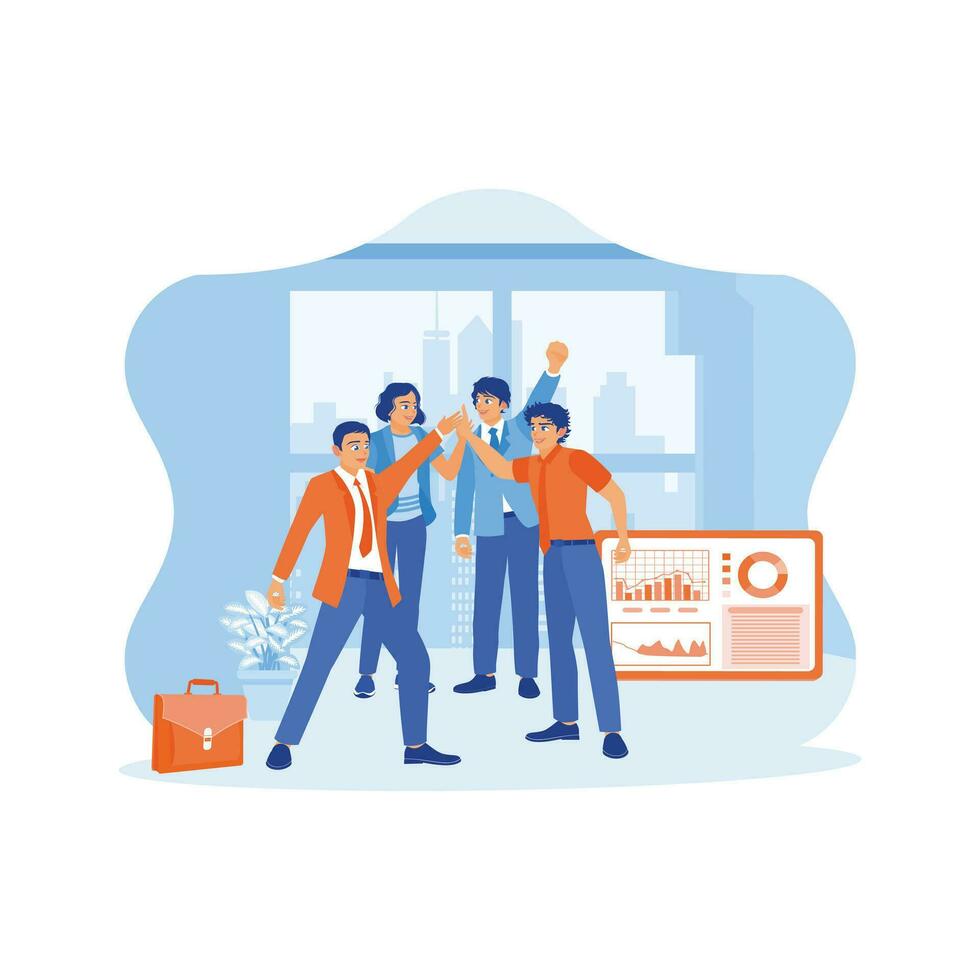 Happy and diverse businessmen are high-fiving after finding a solution to a problem as a result of successful brainstorming. Standing in an office space with a backdrop of urban buildings. vector