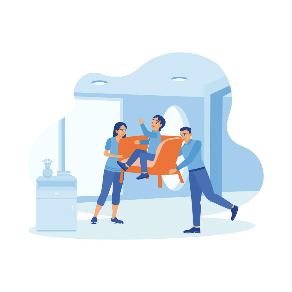 A young and cheerful husband and wife moved the armchair occupied by their son into the house. A small family moves to a new home. A couple of happy, funny parents concepts. vector