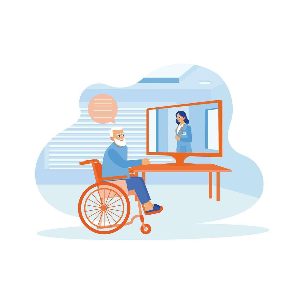 An older man in a wheelchair is making a video call on the laptop. The senior man consults online with a young woman doctor at home. Doctor Talking To Elderly Patient At Home concept. vector