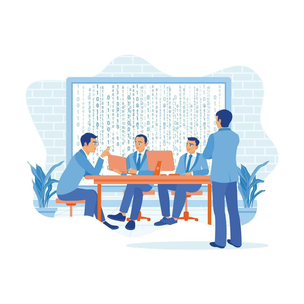 AI programmers and software development team brainstorming and programming on desktop computers. Working in start-up business companies and entrepreneurship. Discuss Information concept. vector