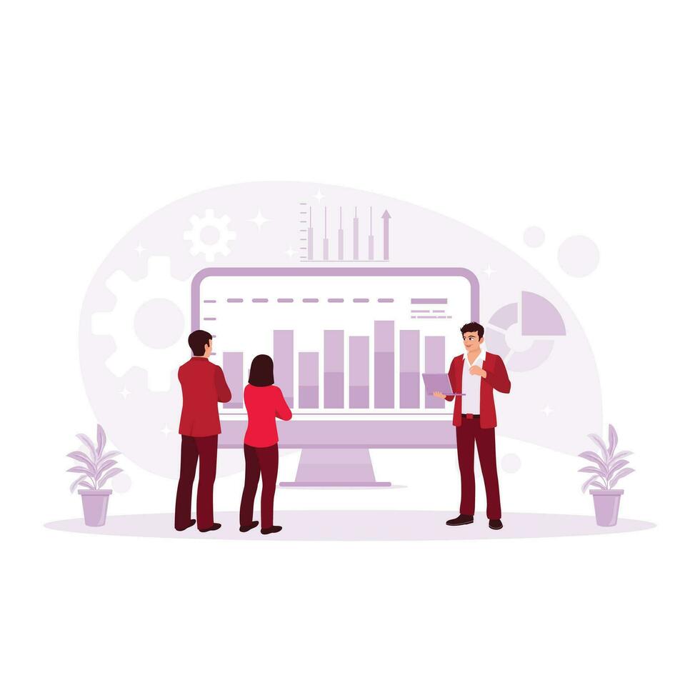 The company operations manager is making a meeting presentation. Analyze growth graphs, statistics, and data using a laptop computer. Presentation concept.  trend modern vector flat illustration