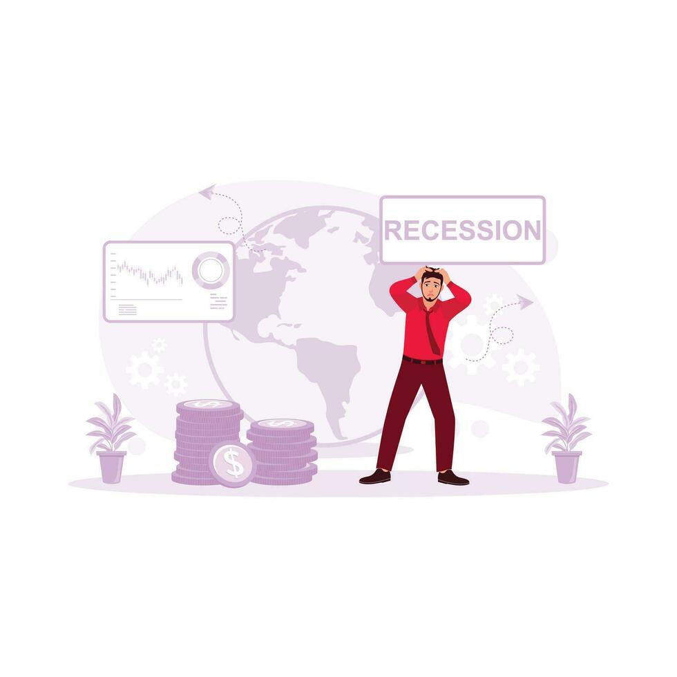 A male businessman stressed while holding his head after learning that the world economy is declining. Recession sign on economic background. Economic Recession concept. vector