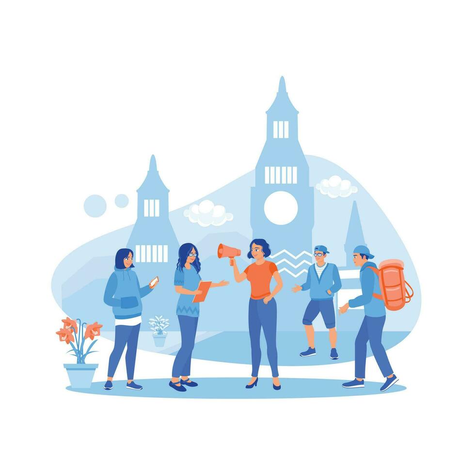 A girl who works as a tour guide. Explaining tourism sites to tourists. Tourist Guide concept. trend modern vector flat illustration