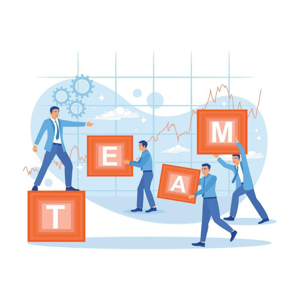 Businessman writing the word TEAM in the office. Solid teamwork. Employee Making concept. trend modern vector flat illustration