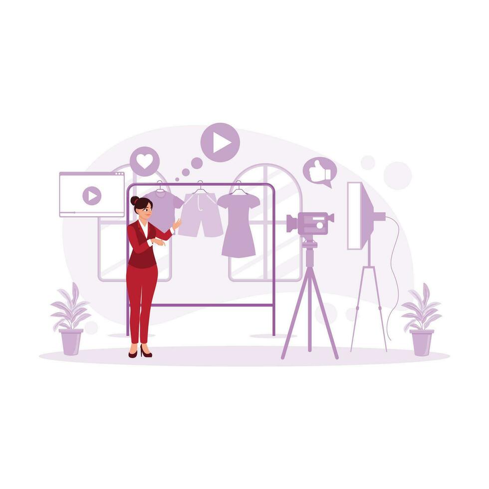 Selling by live streaming from the shop in front of the camera. Online e-commerce business at home. Blogger concept. trend modern vector flat illustration