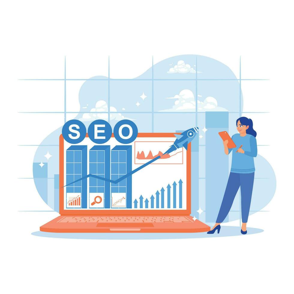 Businesswomen promote ranking traffic on the website. Using digital tablets and laptops to optimize websites. SEO concept. trend modern vector flat illustration