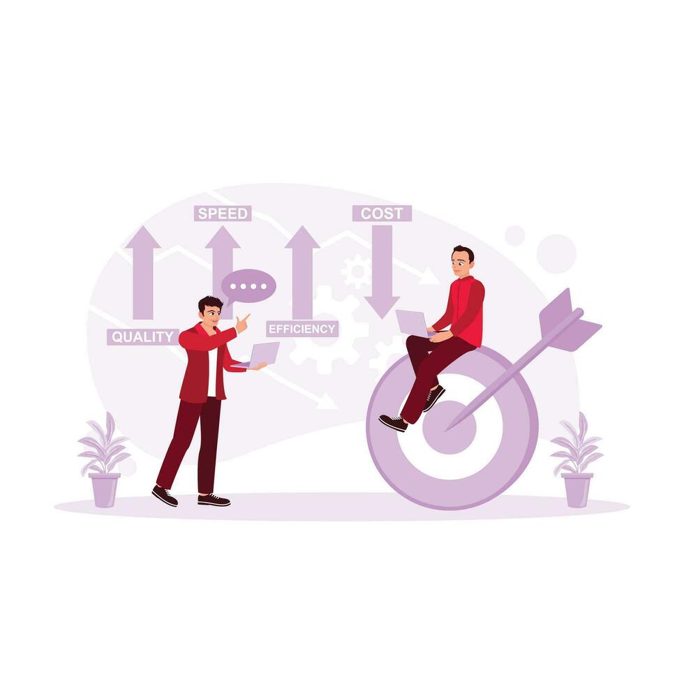 Businessman analyzes office management. The performance concept improves quality, speed, and efficiency and reduces costs. Cost Reduction concept. trend modern vector flat illustration