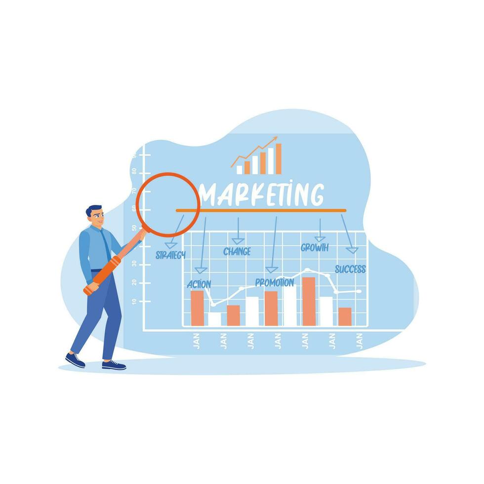 Businessman showing marketing concept during the meeting. Using marketing concepts with financial graphs and charts on a virtual screen. Marketing concept. trend modern vector flat illustration