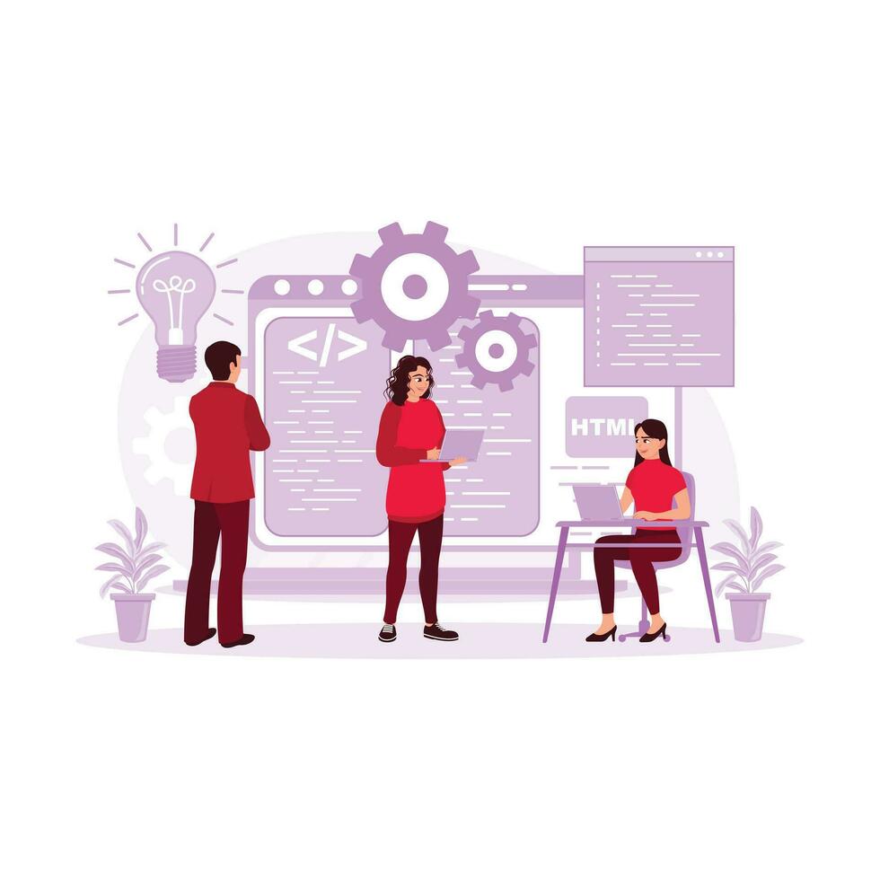 Female computer programmer discussing software development strategies with colleagues in the office. Programmers concept. Trend Modern vector flat illustration