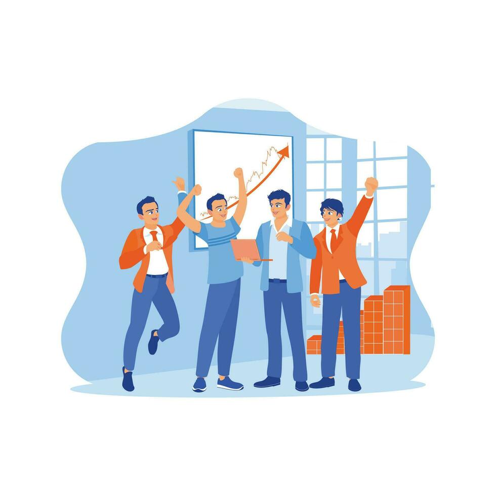 Group of successful businessmen using laptops during meetings in the office. Raise each other's hands and cheer after achieving success. Celebrating concept. trend modern vector flat illustration