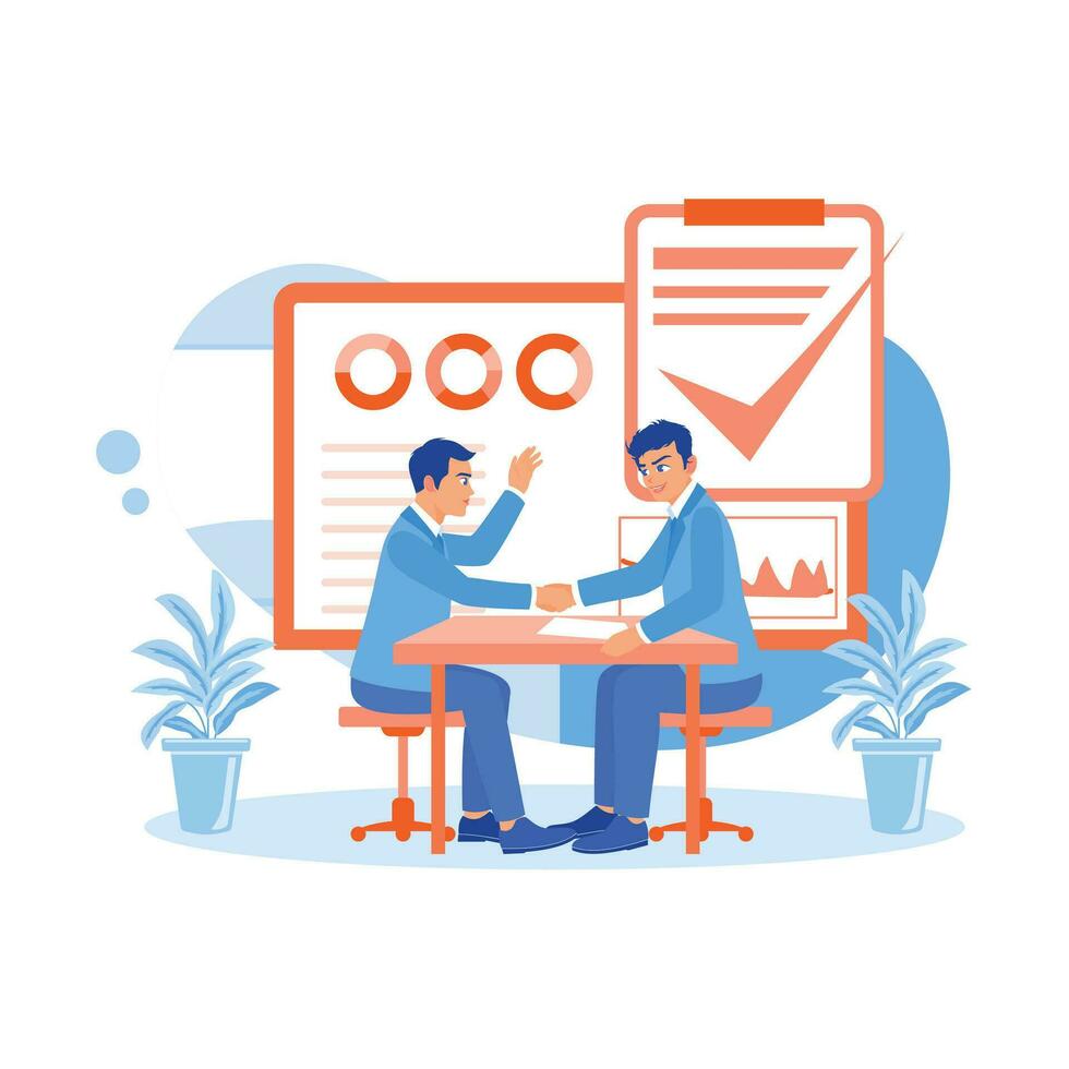 The young manager shaking hands with the new employee after the interview is over. Employee Making concept. trend modern vector flat illustration