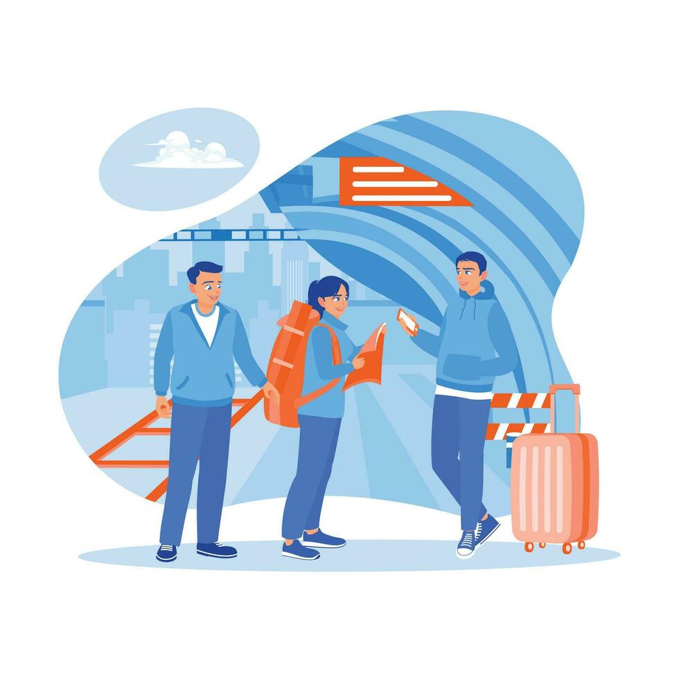A multiethnic group of friends using maps and smartphones on a train station platform. Take a tourist trip by train. Tourist Guide concept. trend modern vector flat illustration
