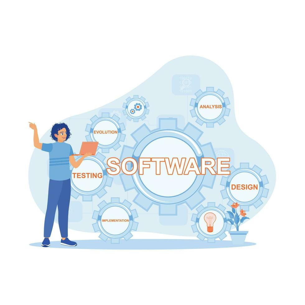 Computer experts develop software and automate business processes in modern offices. I am using a laptop and technology on a virtual screen. Software developers concept. vector