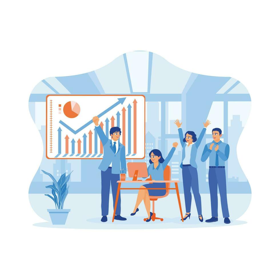 Diverse managers and coworkers analyse work projects in the meeting room. Raising hands and celebrating success in start up office. Success and happiness teamwork concept. vector