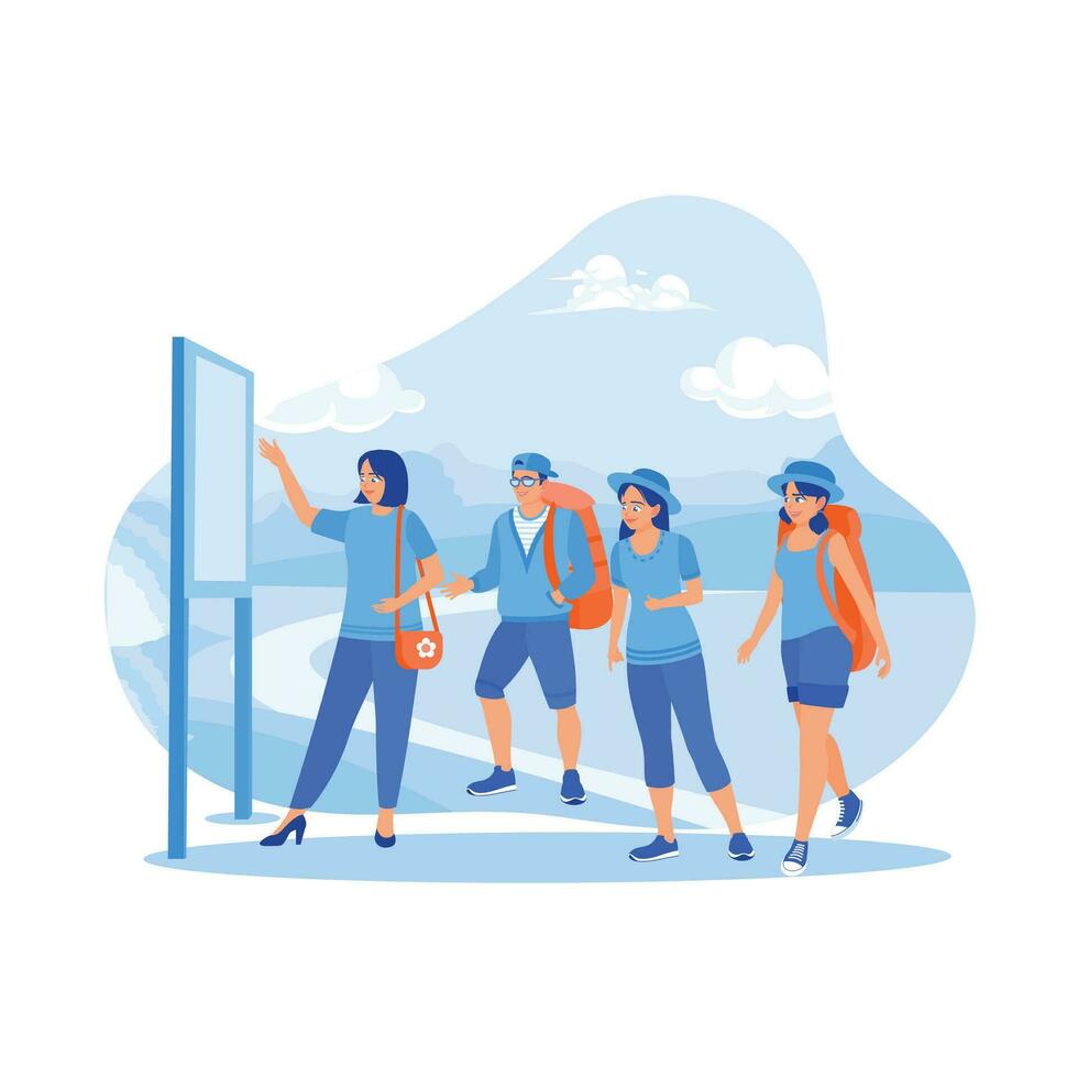 un grupo de turistas va en un turista viaje. ellos reunido a escucha a el guía contar ellos acerca de el sitio. turista guía concepto. tendencia moderno vector plano ilustración