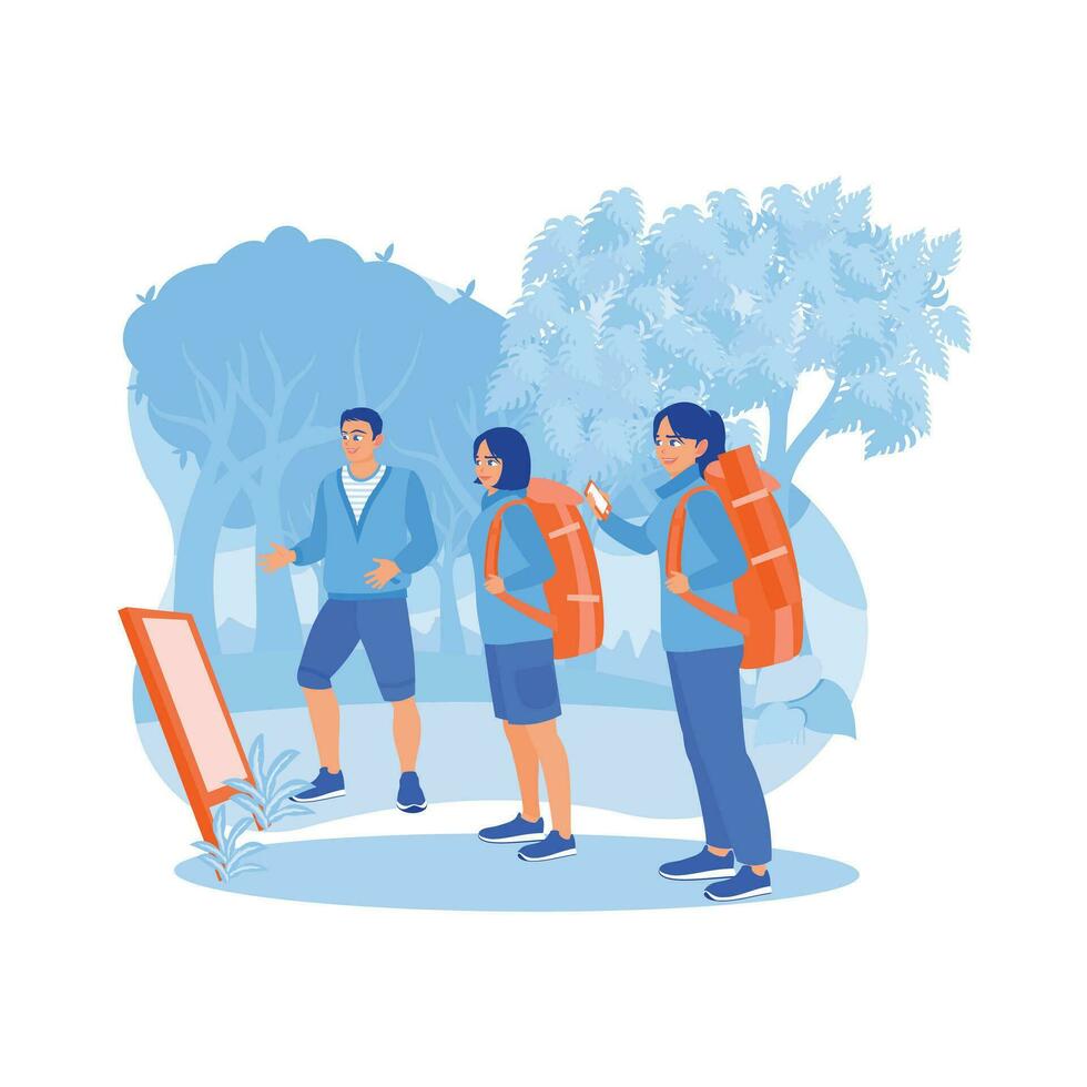 Two female tourists with backpacks on their backs and smartphones. Take a tour of the forest with a tour guide. Tourist Guide concept. trend modern vector flat illustration