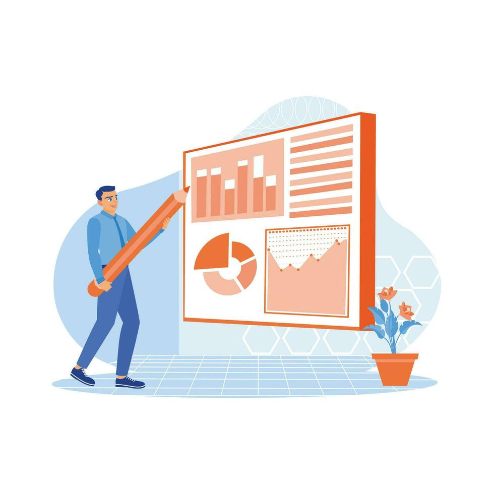 Entrepreneur CEO showing sales data graph to investors and entrepreneurs. The businessman CEO is pointing at a projector screen with a big pencil. Business analysis concept. vector