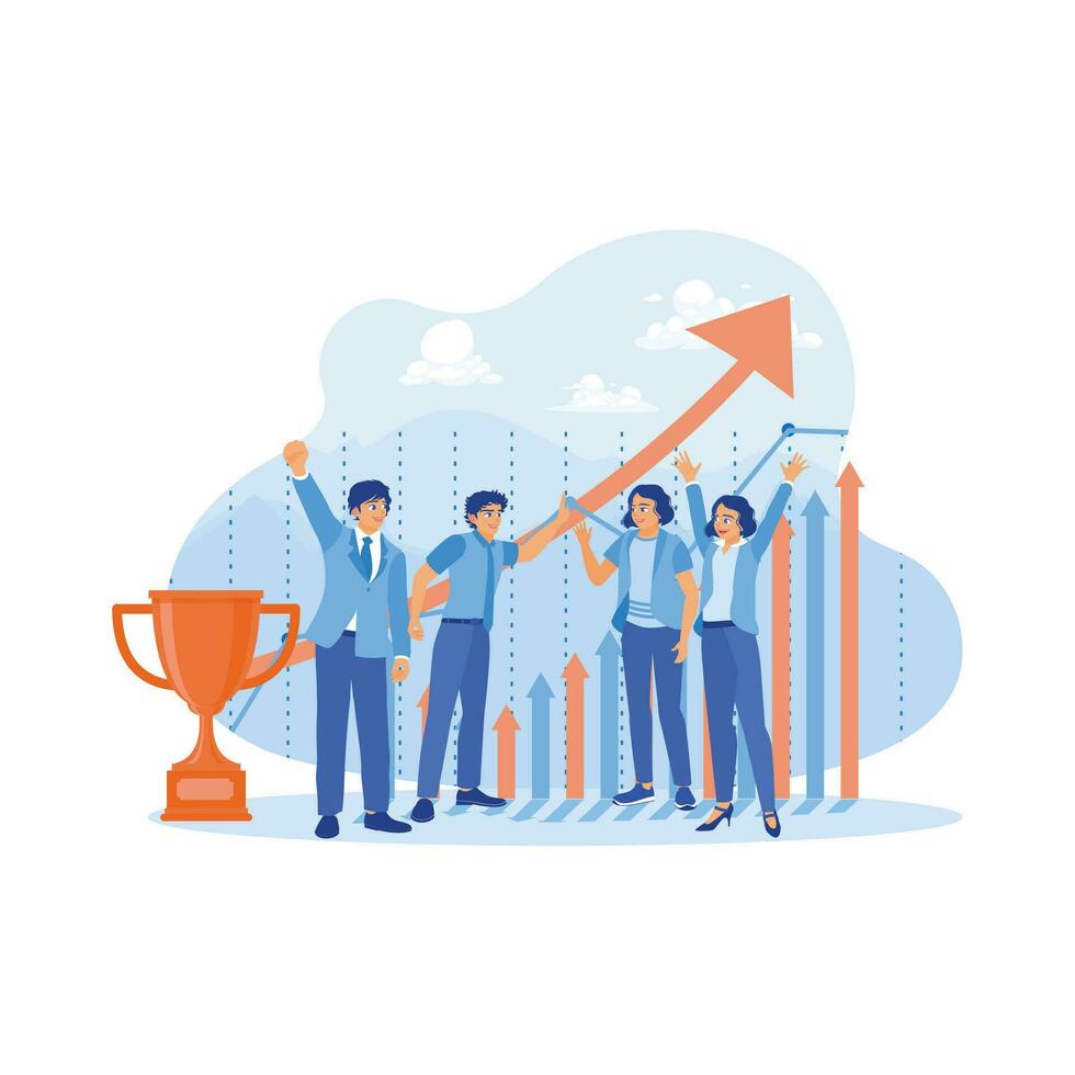 Successful and happy business team in a modern office. Stand up and have fun together, celebrating their success. Success and happiness teamwork concept. trend modern vector flat illustration