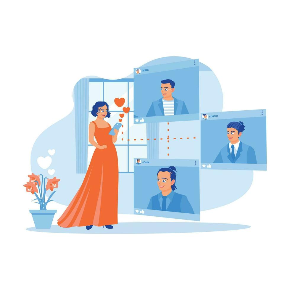 A beautiful young woman visits an online dating site via smartphone. They date online at home. Online Dating concept. trend modern vector flat illustration