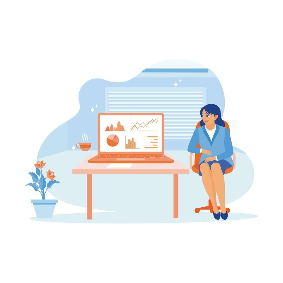 A female accountant is sitting in a chair next to a laptop. Analyze graphs and charts displayed on the laptop screen. Business analysis concept. trend modern vector flat illustration