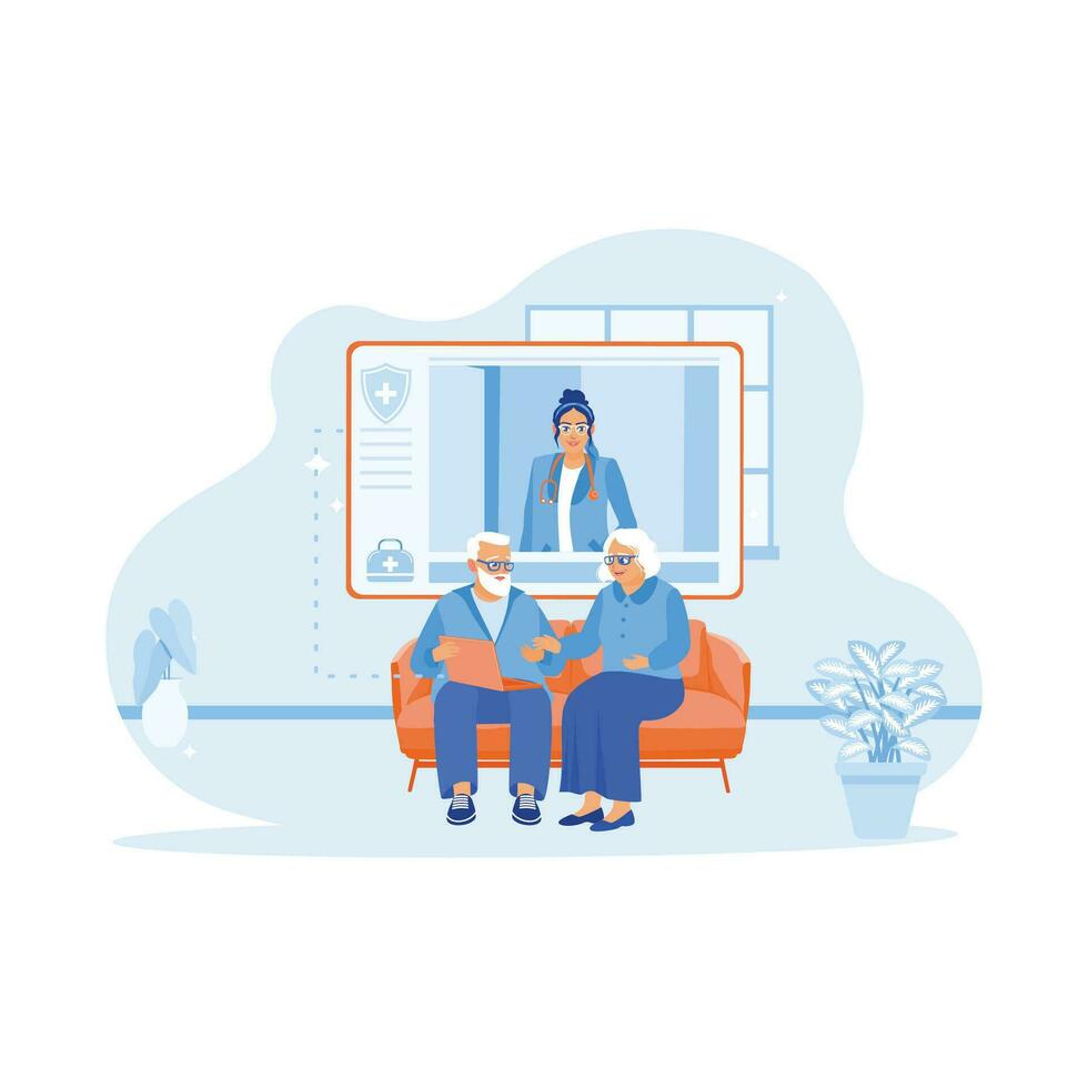 Happy mature husband and wife sitting on the sofa at home. Consulting about health with the young female doctor on the laptop. Doctor Talking To Elderly Patient At Home concept. vector