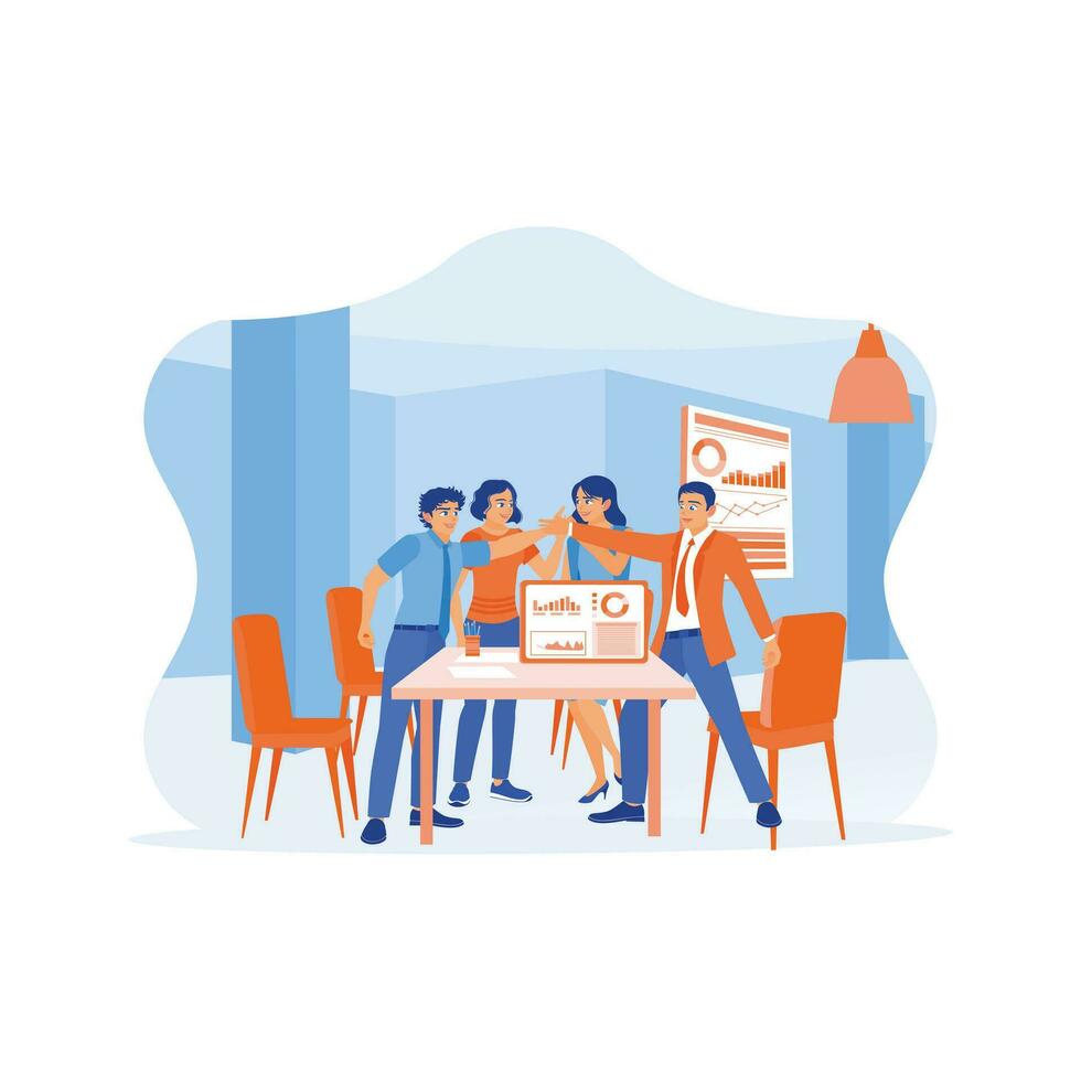 Businessmen and coworkers are standing and high-fiving at the meeting table. Celebrating success after finding a solution to a problem in the meeting room. Celebrating concept. vector