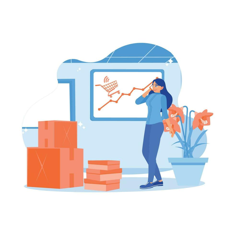 Female drop shipping business owner working at head office. Receive orders from customers via telephone calls. Order Confirmation concept. trend modern vector flat illustration