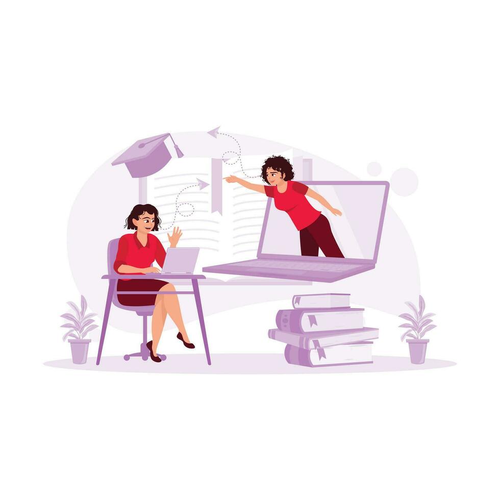 A young female student made a video call with a lecturer using a laptop. Virtual Relationships concept. Trend Modern vector flat illustration