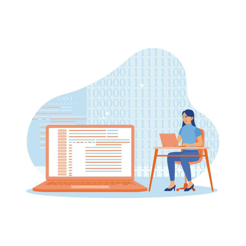 Businesswoman working in front of laptop in modern office. Using a laptop to develop programs on software. Software developers concept. trend modern vector flat illustration