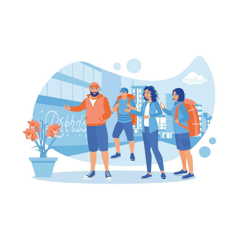 A bearded male tour guide explains the culture and customs of the people in that place. Tourist Guide concept. trend modern vector flat illustration