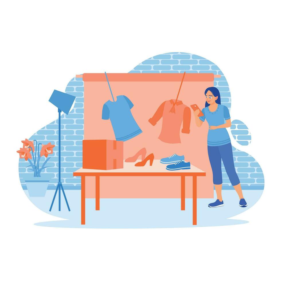 A young woman who owns an SME business takes product photos using a cellphone. Confirming orders and customer addresses. Order Confirmation concept. trend modern vector flat illustration