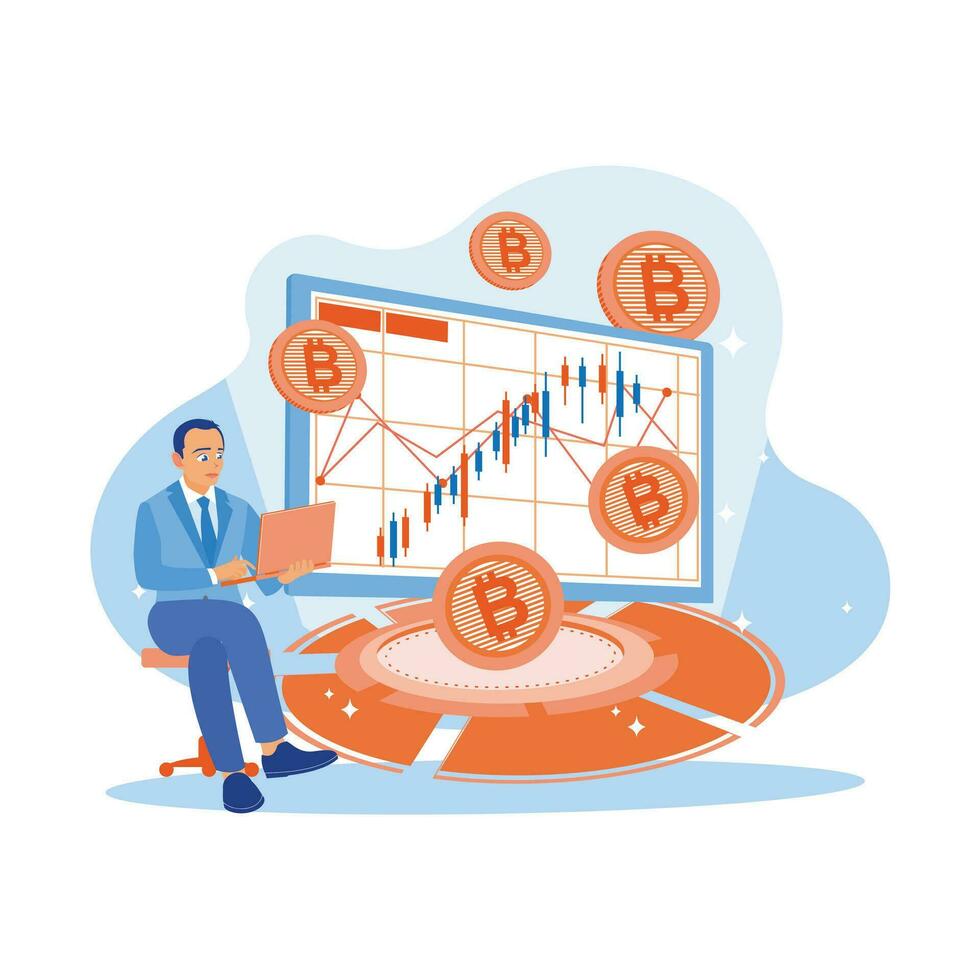 Businessman sitting on a chair and holding laptop looking at the stock market graph in office. Golden Bitcoins Floating in front of a computer screen. Finance control scenes concept. vector