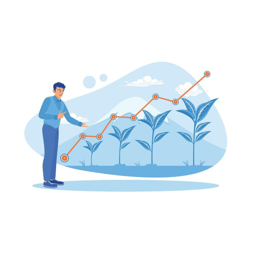 negocio crecimiento grafico con el concepto de planta crecimiento en luz de sol. crecimiento análisis concepto. tendencia moderno vector plano ilustración