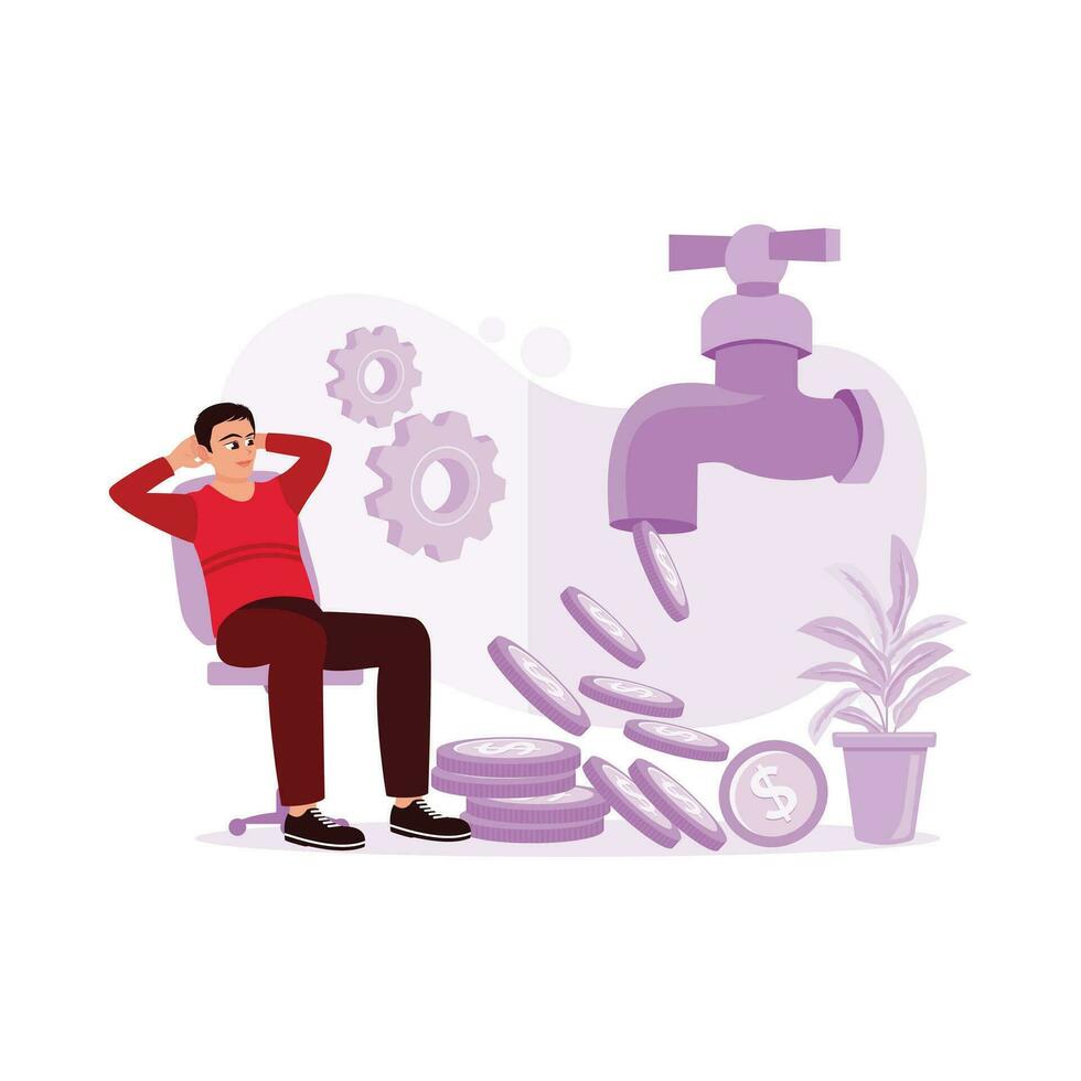Coins drip from a faucet, and a businessman sits back in a chair. Passive Income concept. trend modern vector flat illustration