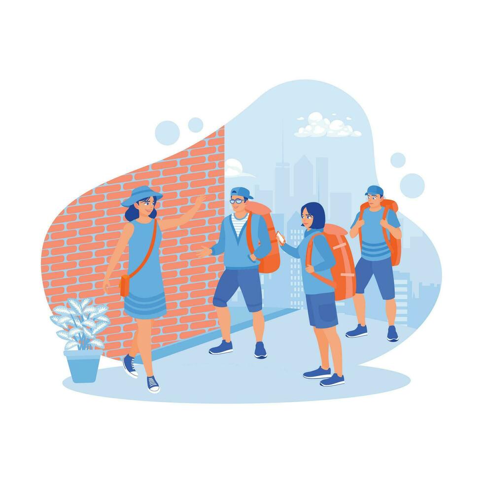 City guide and group of happy tourists. A tour guide points out local architecture in an urban area. Tourist Guide concept. trend modern vector flat illustration