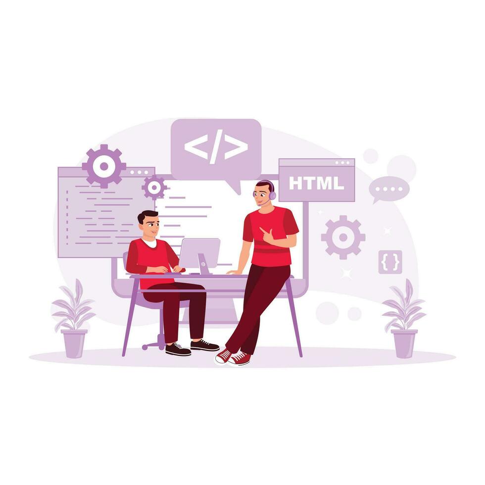 IT programmer using headphones while working in the office. Software engineers develop software applications. Programmers concept. Trend Modern vector flat illustration