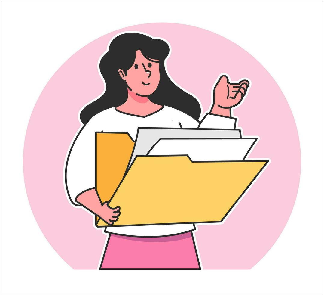 a Woman searches for data from a document folder vector
