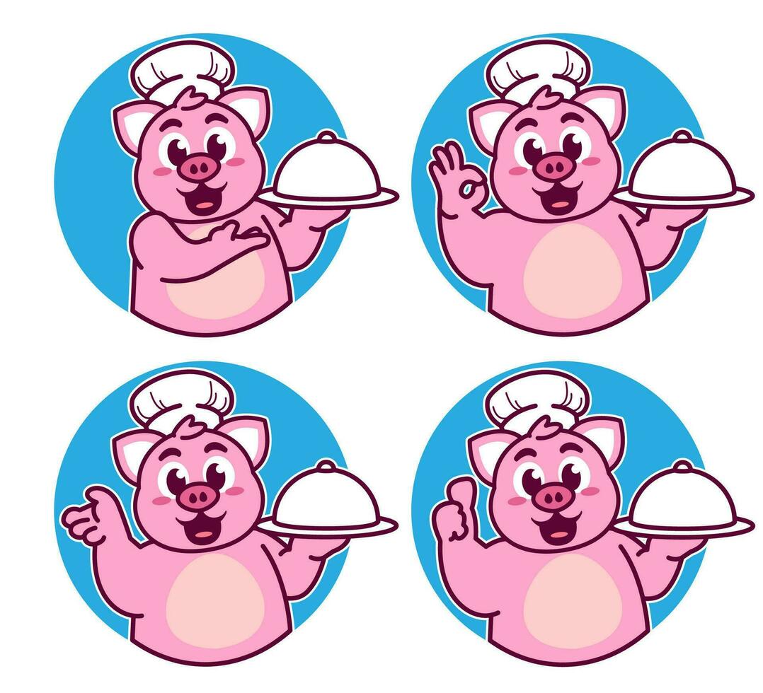 Pig chef brings delicious dishes vector