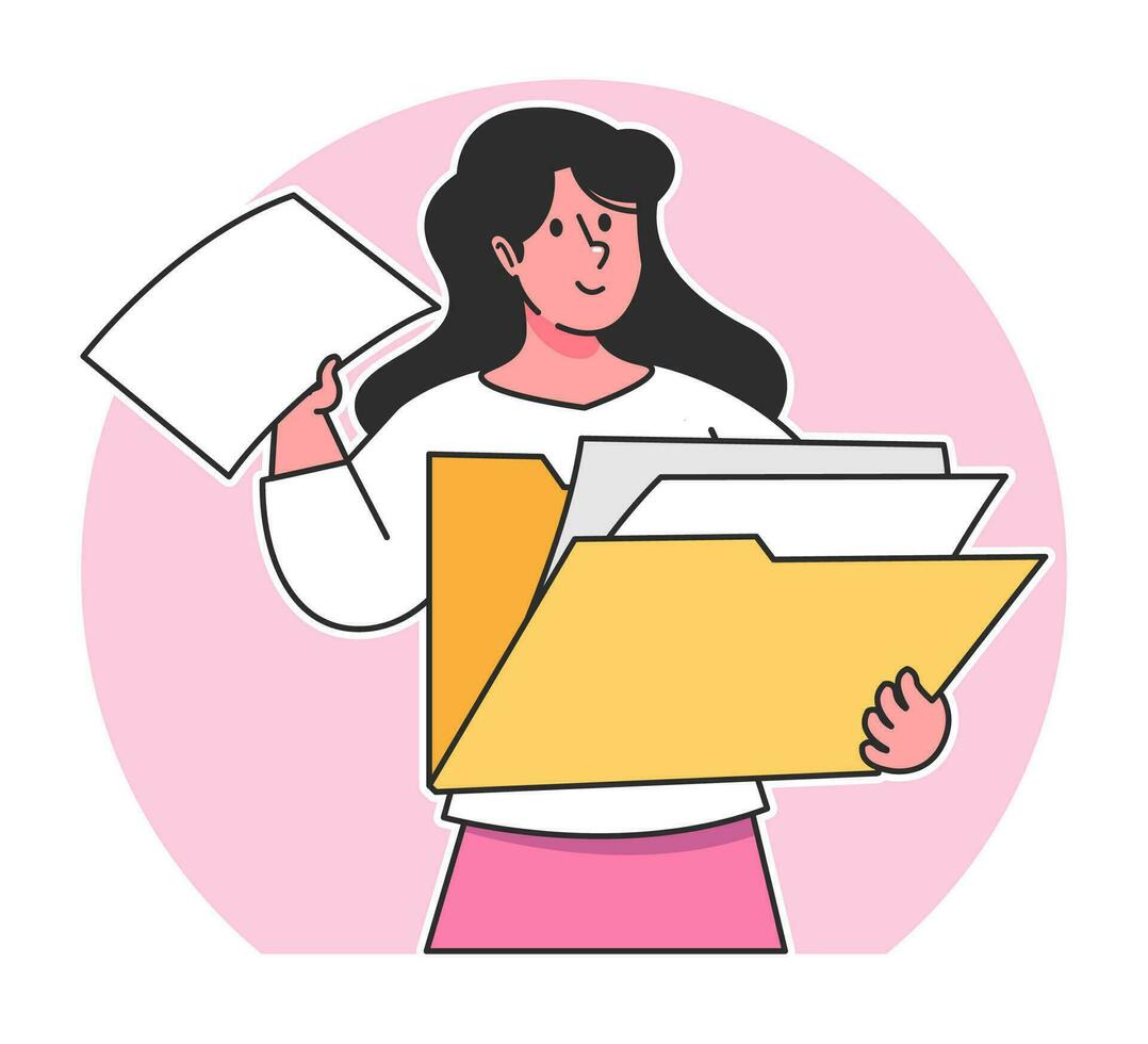 a Woman searches for data from a document folder vector