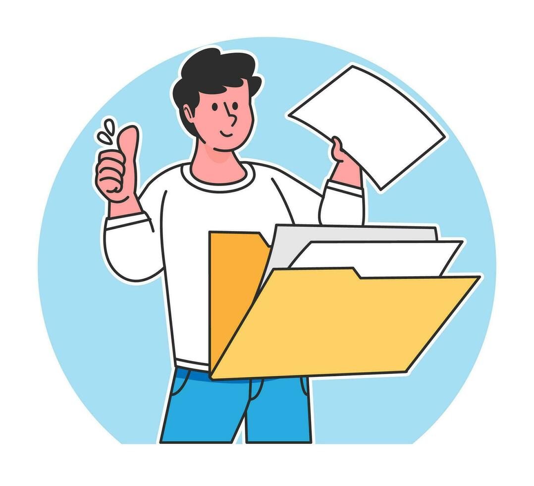 A man searches for data from a document folder vector