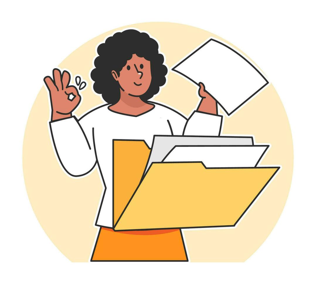 A Woman searches for data from a document folder vector