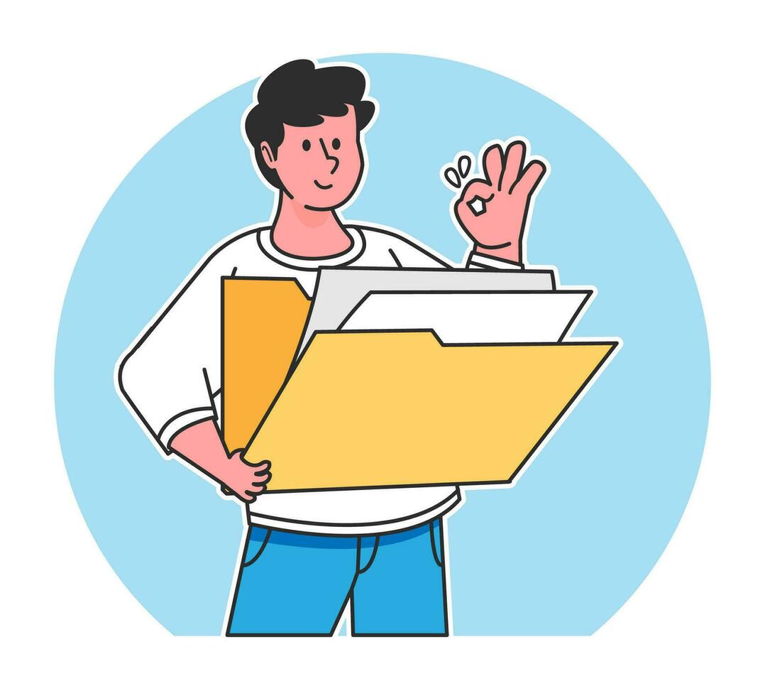 A man searches for data from a document folder vector