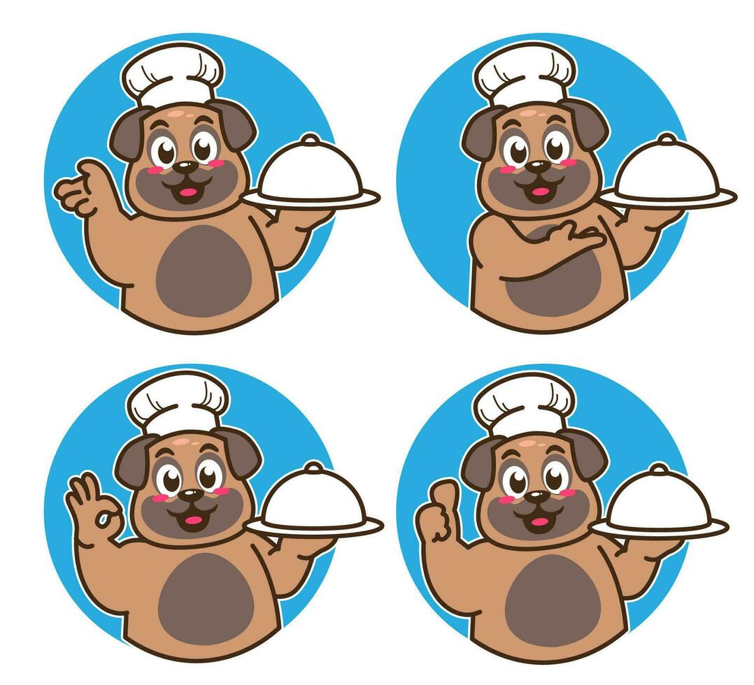 cocinero perro delicioso platos y pastel vector