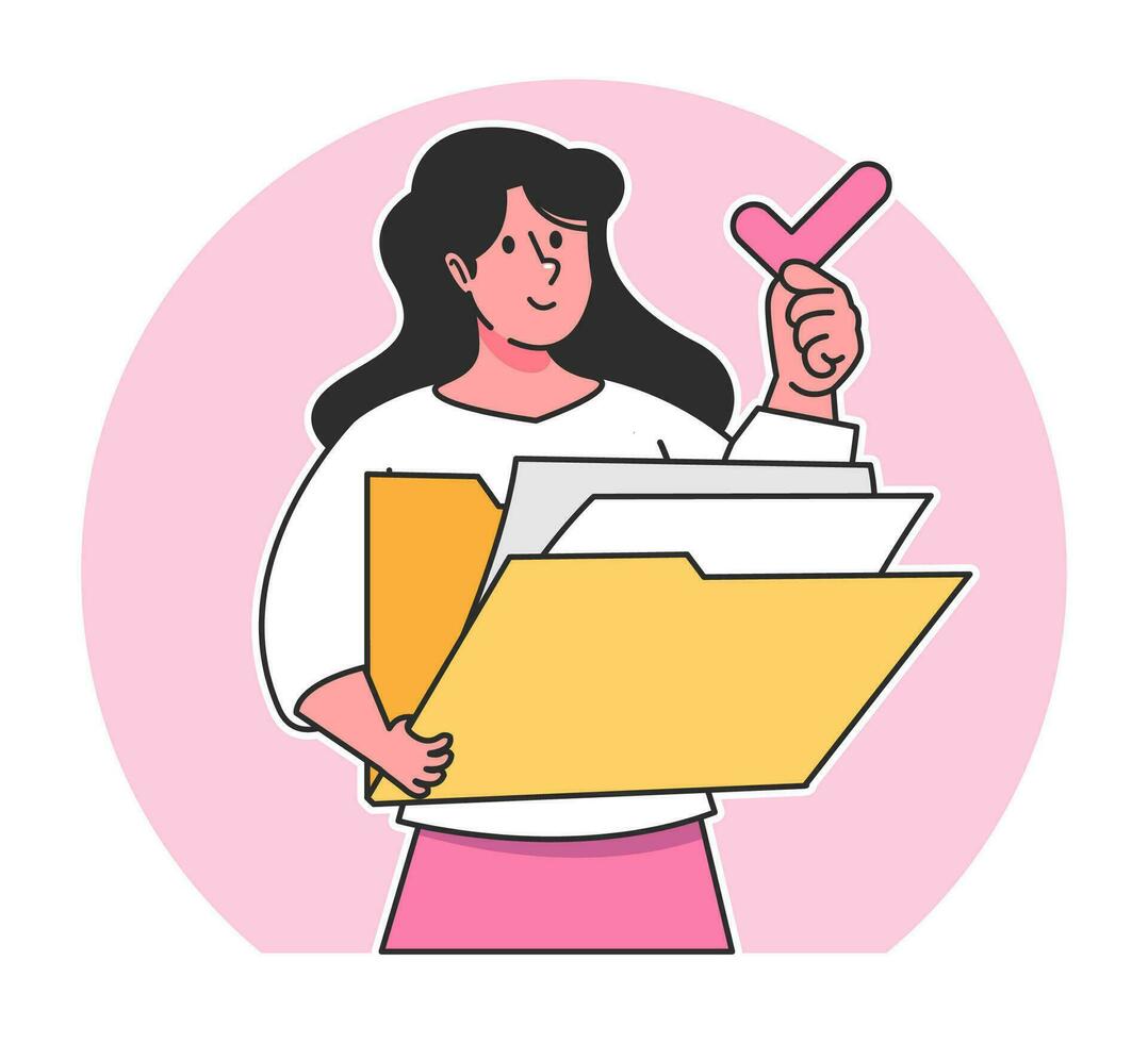 a Woman searches for data from a document folder vector